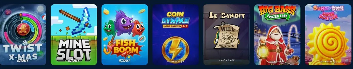 Horizontal carousel of slot game thumbnails, including Twist X-Mas, Mine Slot, Fish Boom, Coin Strike Hold and Win, Le Bandit, Big Bass Christmas Bash Frozen Lake, and Sugar Rush Super Scatter.
