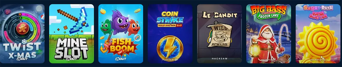Horizontal carousel of slot game thumbnails, including Twist X-Mas, Mine Slot, Fish Boom, Coin Strike Hold and Win, Le Bandit, Big Bass Christmas Bash Frozen Lake, and Sugar Rush Super Scatter.